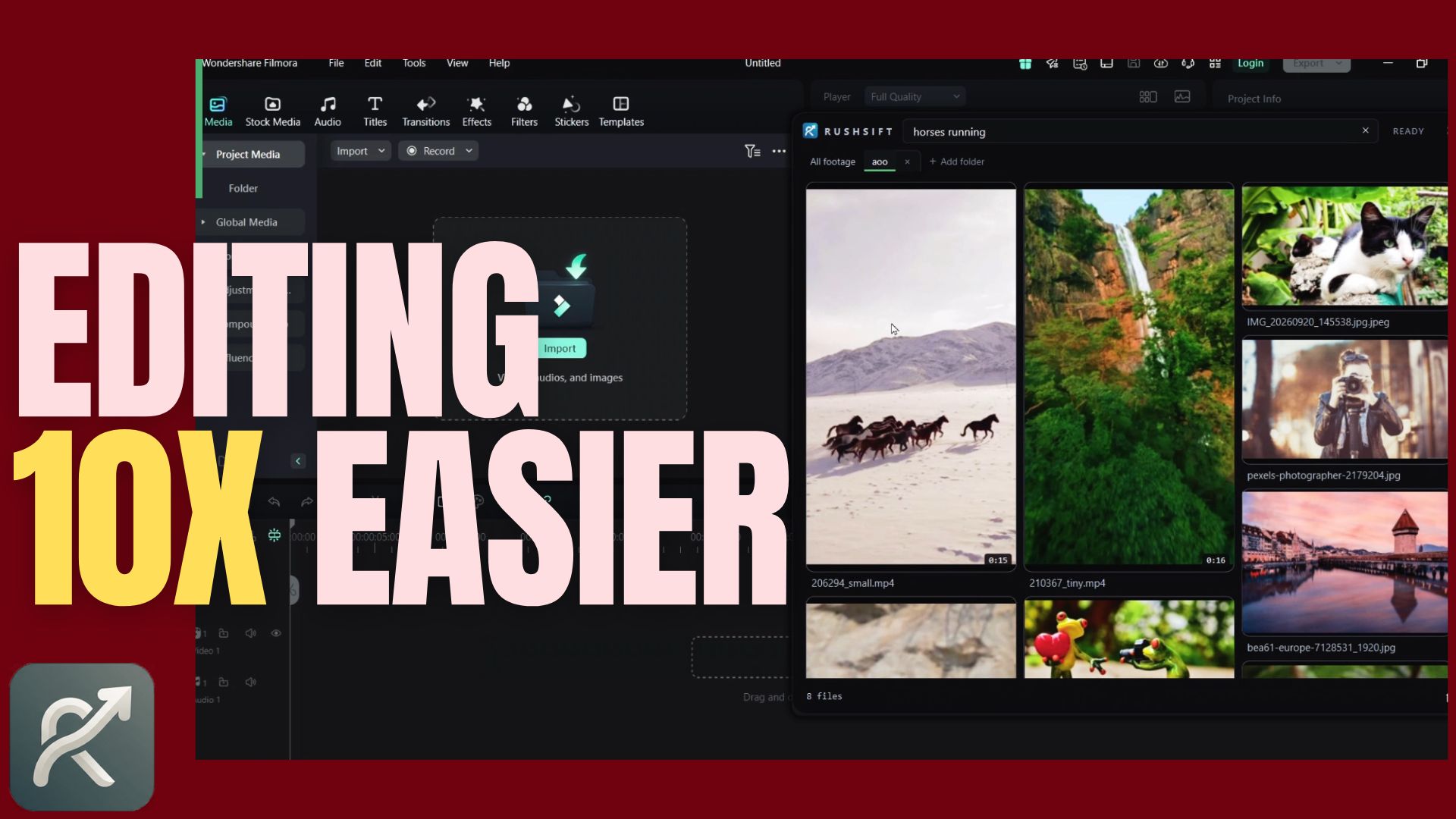 RUSHSIFT sitting beside a video editor timeline.