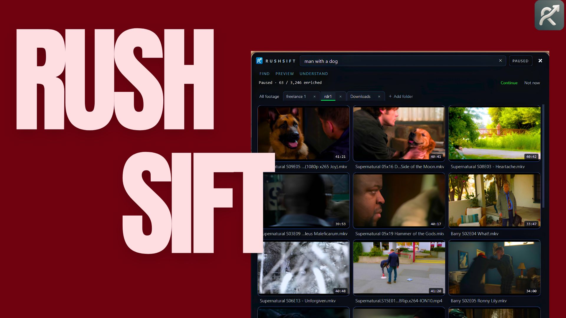 RUSHSIFT returning clips for the typed phrase ‘man with a dog’.